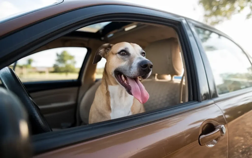 why do dogs pant in the car a-photo-of-a-dog-sitting-in-a-car-with-its-tongue