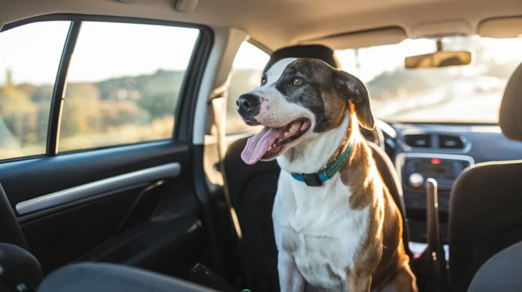 why do dogs pant in the car a-photo-of-a-dog-sitting-in-the-back-seat-of-a-car