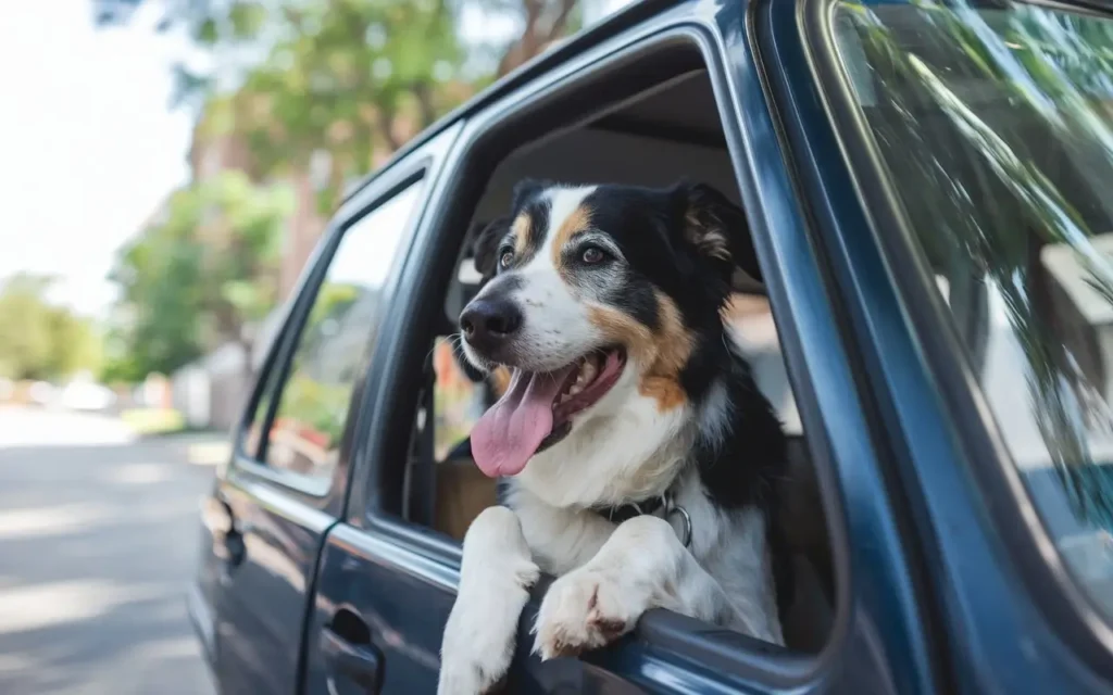 why do dogs pant in the car a-photo-of-a-dog-with-a-black-white-and-brown-coat