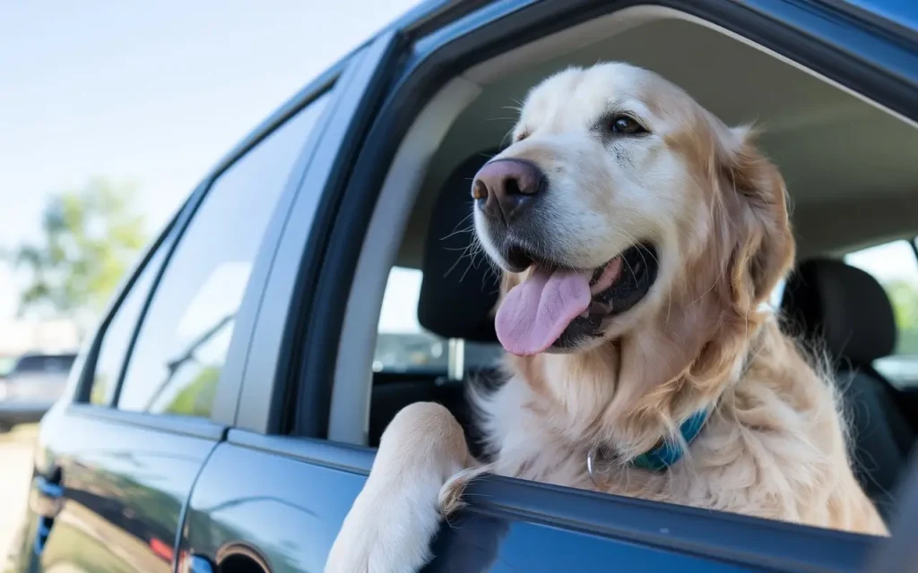 why do dogs pant in the car a-photo-of-a-medium-shot-of-a-golden-retriever-sit