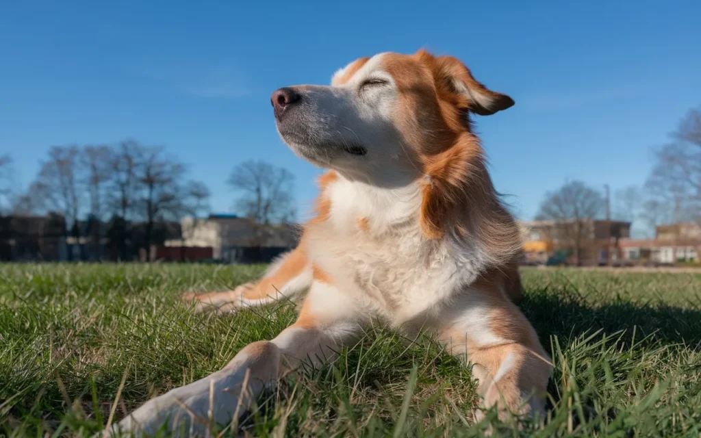 why do dogs sunbathe a-photo-of-a-dog-lying-on-the-grass-soaking