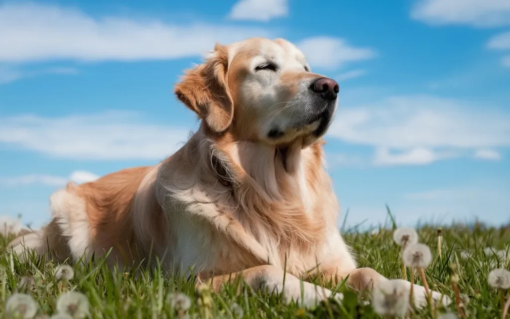 why do dogs sunbathe a-photo-of-a-golden-retriever-lying-on-the-grass-s