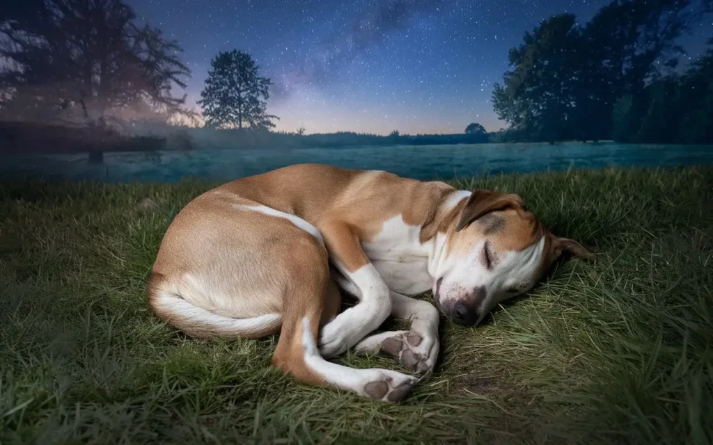 why do dogs whine in their sleep a-photo-of-a-sleeping-dog-curled-up-in-the-grass