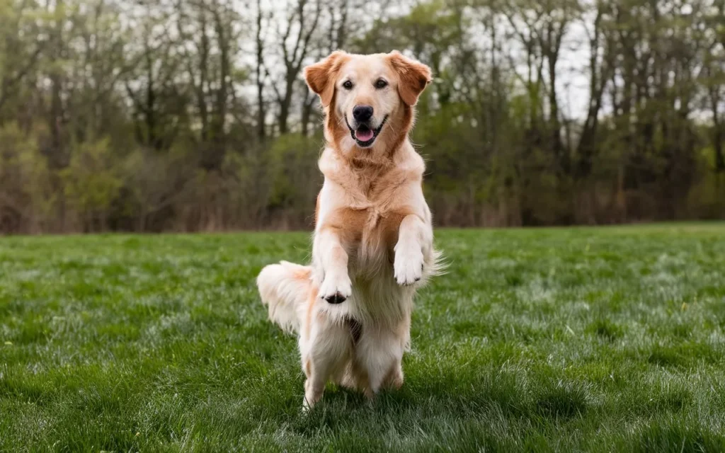 a-photo-of-a-golden-retriever-dog-with-its-front why do dogs kick their back legs