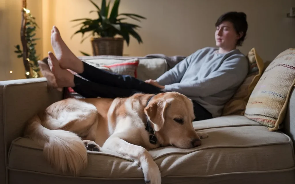 a-photo-of-a-person-sitting-on-a-couch-with-a-dog why do dogs sleep at my feet