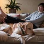 a-photo-of-a-person-sitting-on-a-couch-with-a-dog why do dogs sleep at my feet