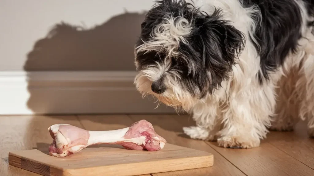 can dogs eat raw chicken bones a-photo-of-a-black-and-white-dog-with-a-fluffy-coa