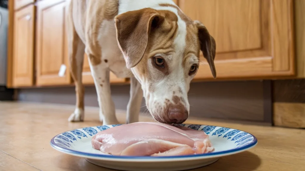 can dogs eat raw chicken breast a-photo-of-a-curious-dog-sniffing-a-raw-chicken-br