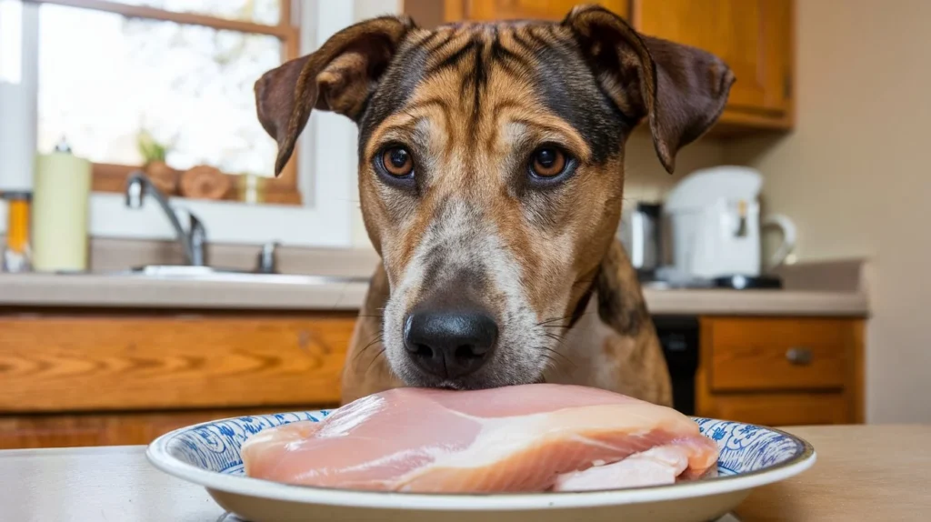 can dogs eat raw chicken breast a-photo-of-a-dog-sniffing-a-raw-chicken-breast-on