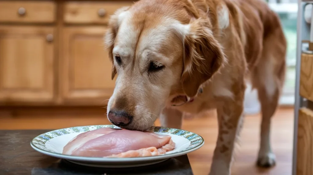 can dogs eat raw chicken breast a-photo-of-a-dog-sniffing-a-raw-chicken-breast-on x