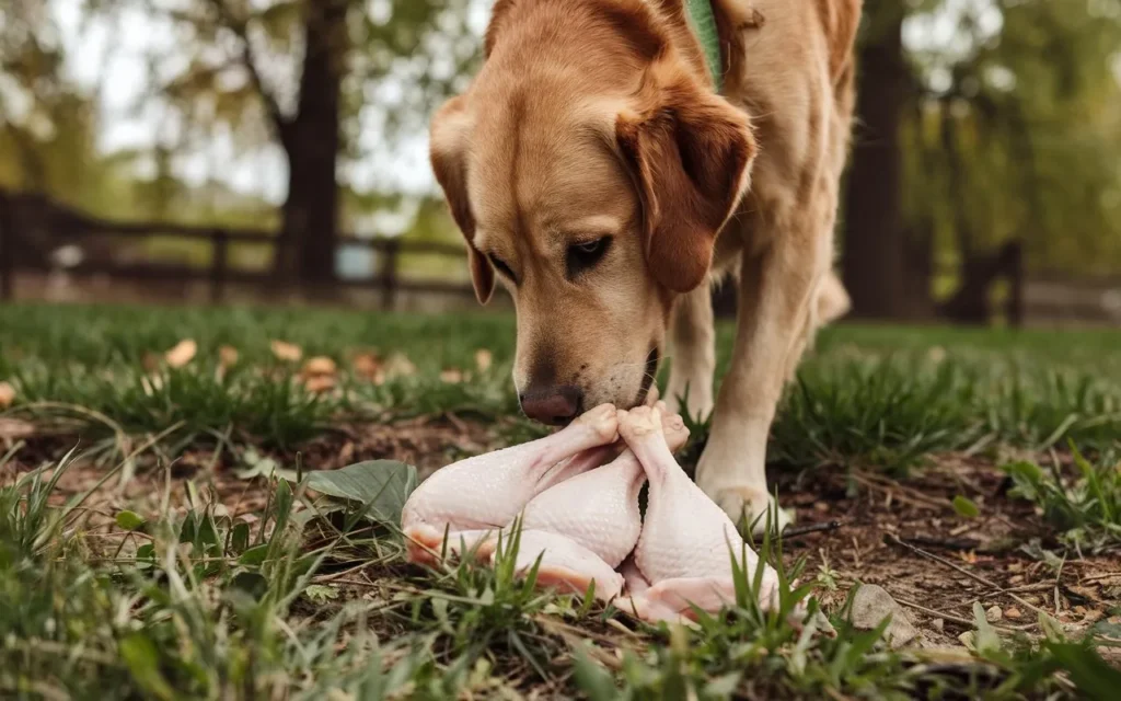 can dogs eat raw chicken drumsticks a-dog-cautiously-sniffing-a-set-of-raw--