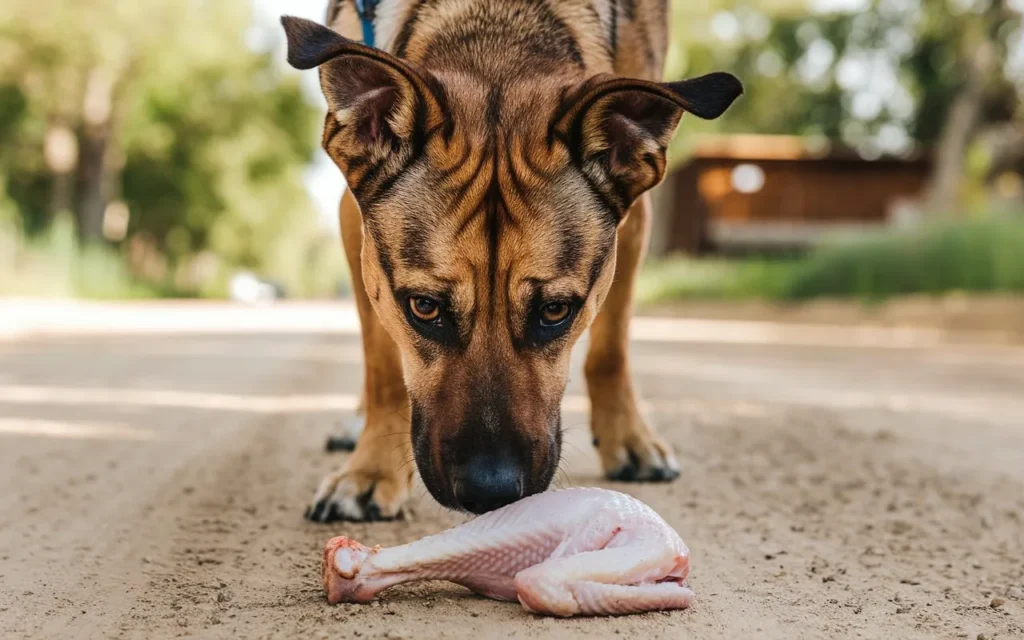 can dogs eat raw chicken drumsticks dog-cautiously-sniffing-a-raw-chicken