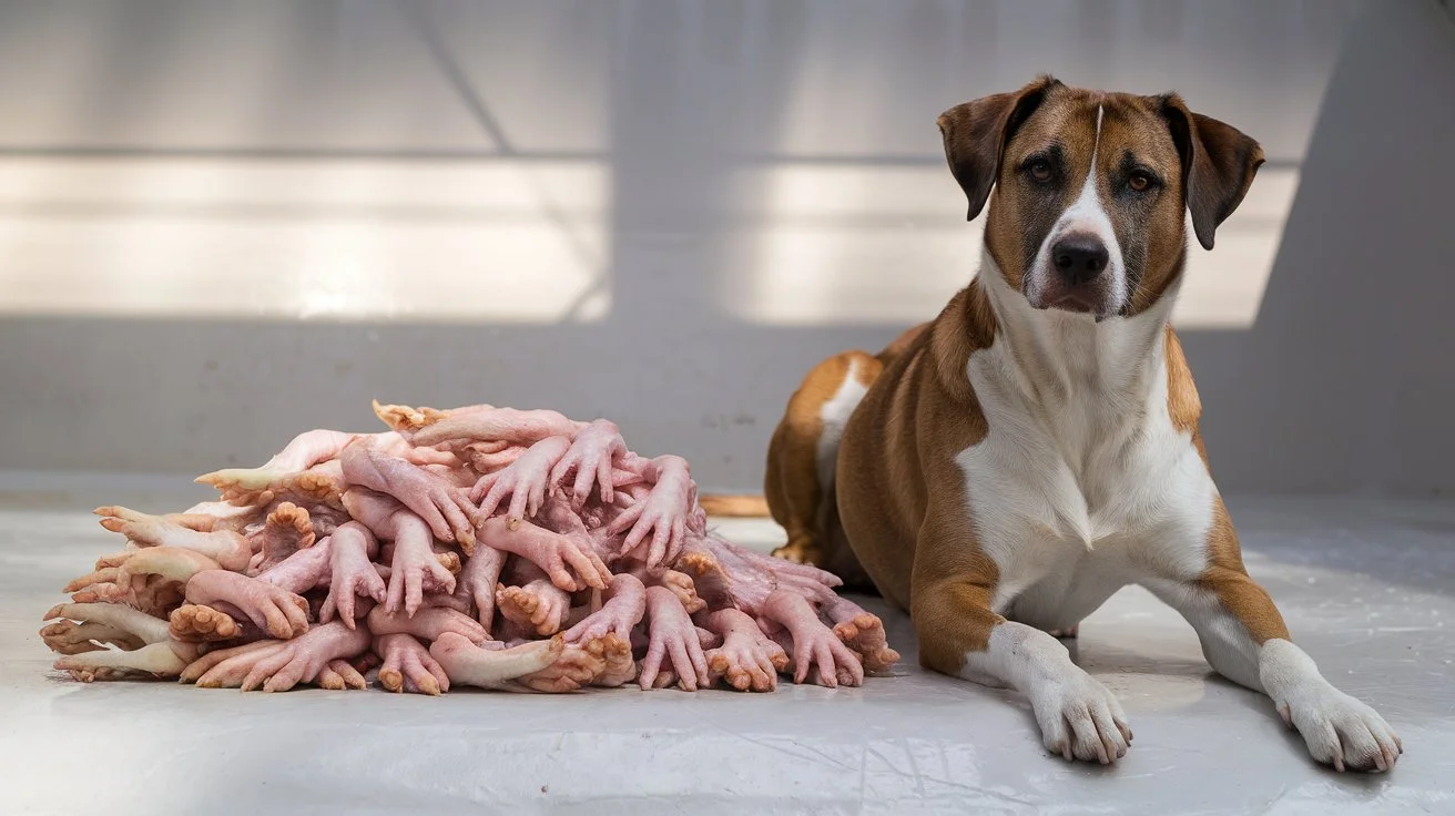 can dogs eat raw chicken feet a-photo-of-a-dog-sitting-beside-a-pile-of-raw-chic