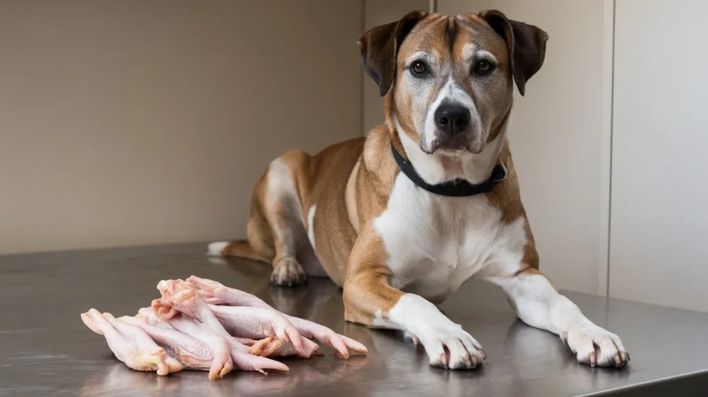 can dogs eat raw chicken feet a-photo-of-a-dog-sitting-beside-raw-chicken-feet-