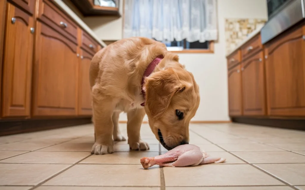 can dogs eat raw chicken legs a-photo-of-a-golden-retriever-puppy-curiously-snif