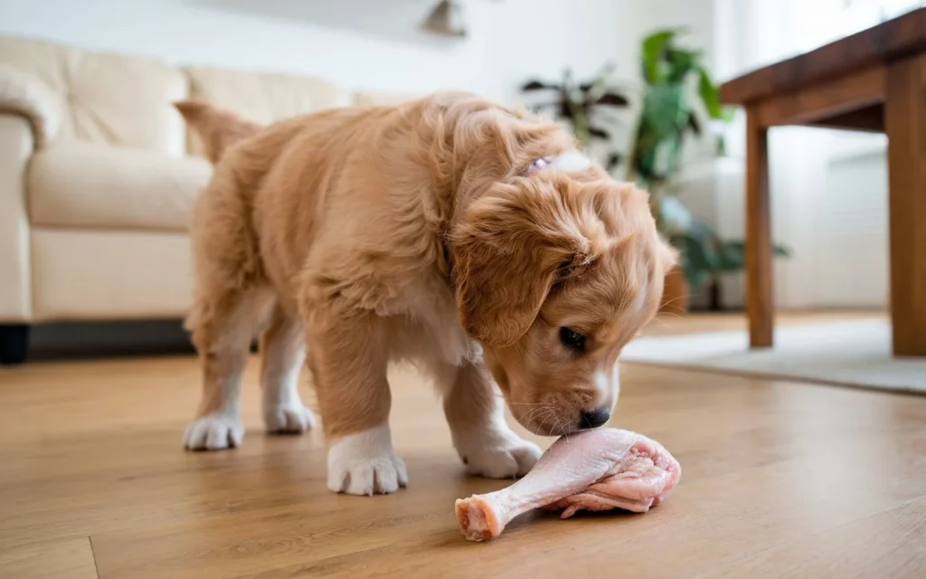 can dogs eat raw chicken legs a-photo-of-a-golden-retriever-puppy-with-a-fluffy