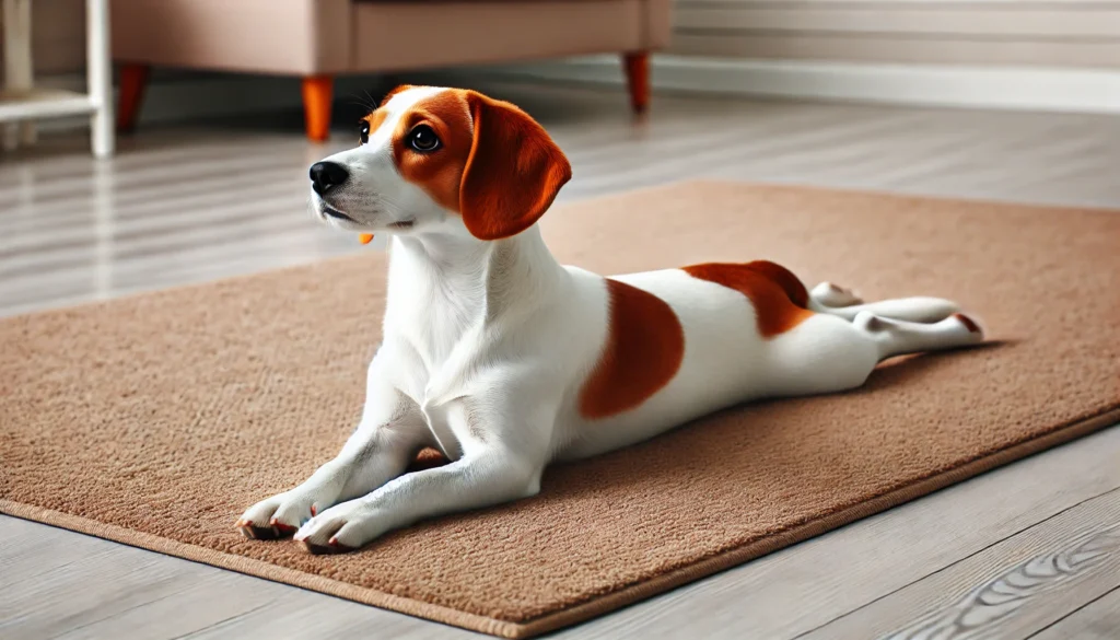 dog sploot dog with brown patches lying flat on a beige carpet in a stretched out position, similar to a frog. The dog looks relaxed, with its legs exten