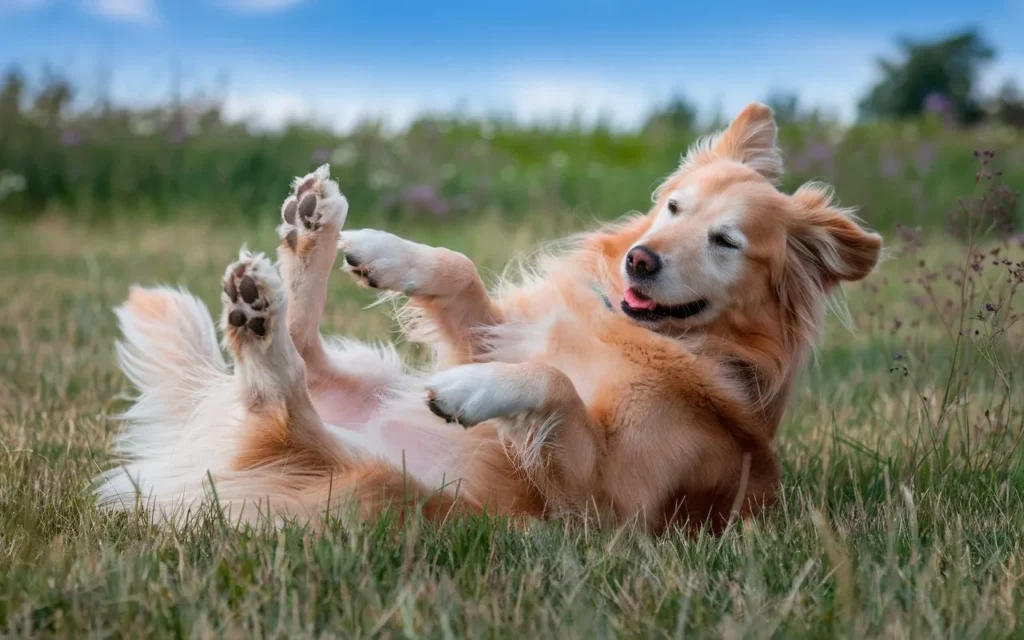 why do dogs kick their back legs photo-of-a-golden-retriever-dog-with-a-fluffy