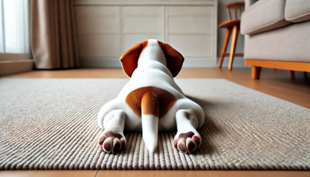 why do dogs sploot A view of a white dog with brown patches lying flat on a beige carpet, seen from the back. The dog's legs are stretched out behind it, similar to a fr