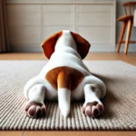 why do dogs sploot A view of a white dog with brown patches lying flat on a beige carpet, seen from the back. The dog's legs are stretched out behind it, similar to a fr